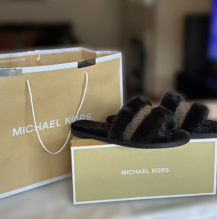 Michael Kors Alexis Faux Fur & Metallic Signature Logo Slide Sandal
