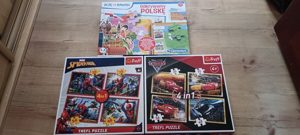 3x Puzzle: 4w1 spider-man, cars, odkrywamy Polskę trefl