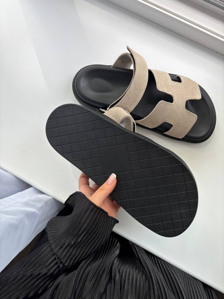 Жіночі шльопанці Hermes Grey 36-41 натуральна замша тапки