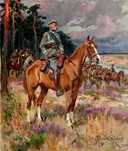 Marszałek Józef Piłsudski na Kasztance. Kossak płótno kopia 45 x 38 cm