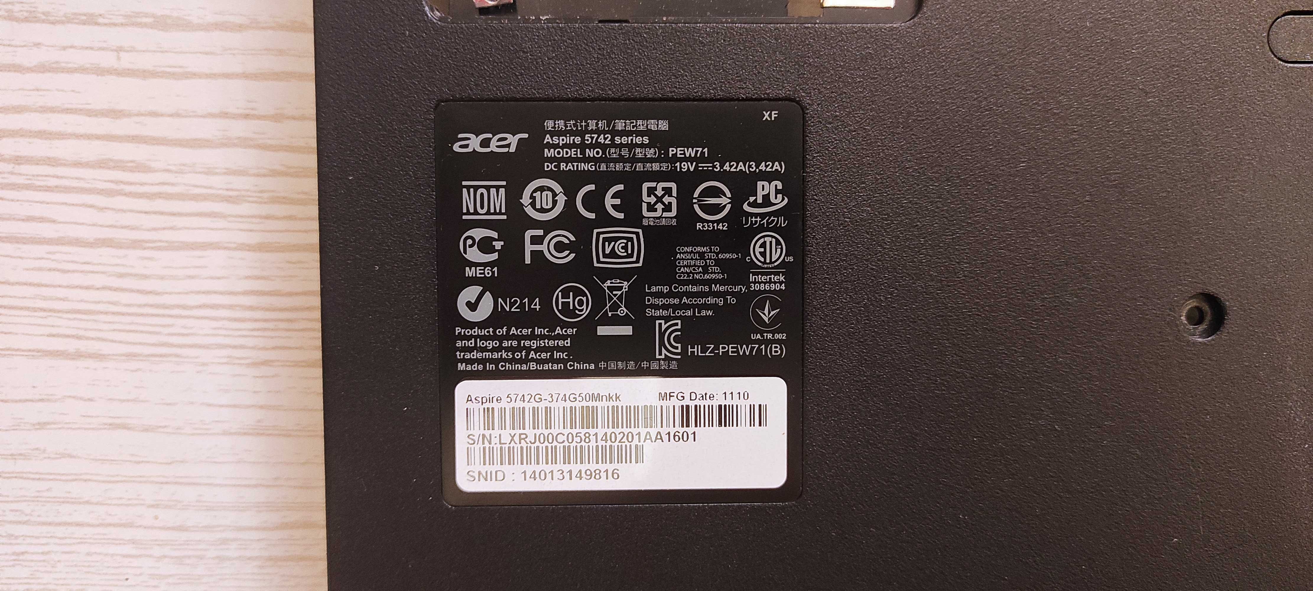 Продам ноутбук Acer aspire 5742 по запчастям