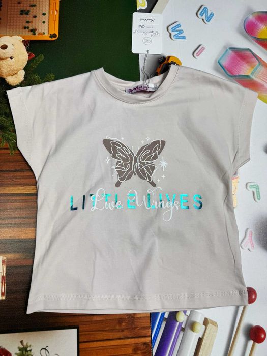 Bluzka dla dziewczynki na krótki rękawek biała motylek 116/122