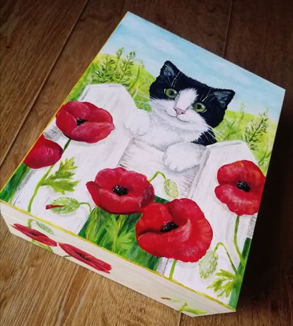 Pudełko szkatułka kotek maki ręcznie malowana