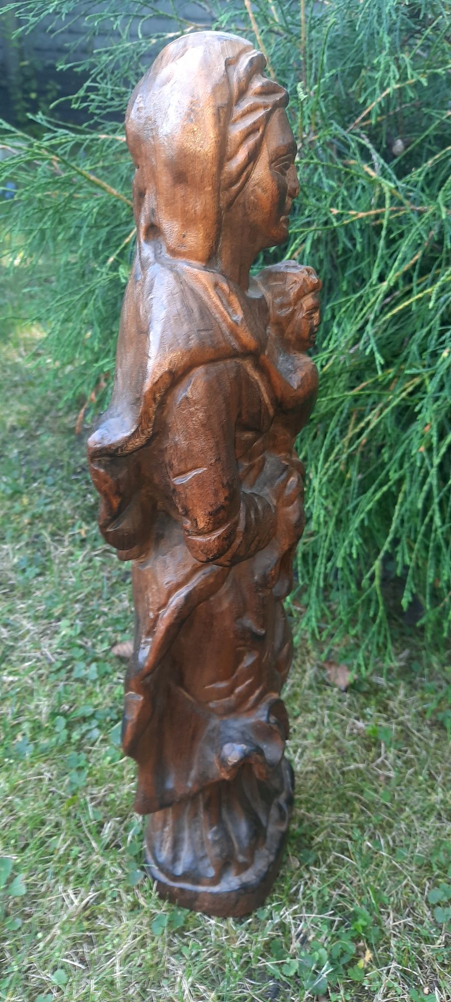 Antyk, przepiękna figura Matki Boskiej z Dzieciątkiem w litym drewnie