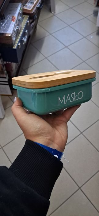 Maselniczka metalowa z pokrywką bambusową nożykiem miętowa