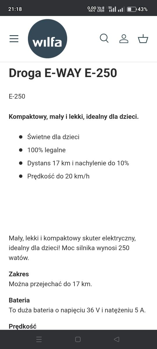 Nowa hulajnoga E Way E-250 dla dzieci.