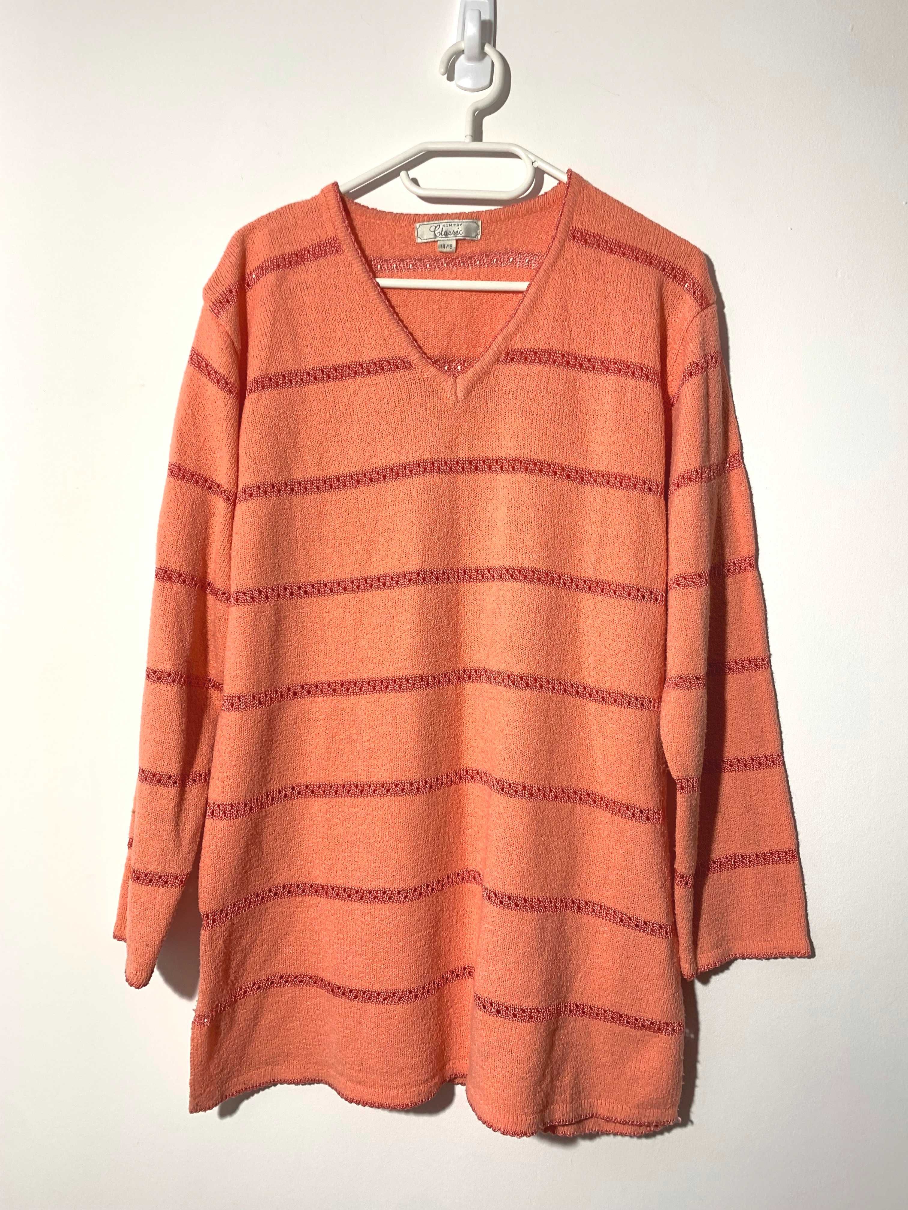 sweter ażur bluzka XL xxL vintage retro lata 80 90 w serek paski oranż