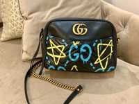 Gucci Black Graffiti Leather GG  Marmont Gucci Ghost Shoulder Bag