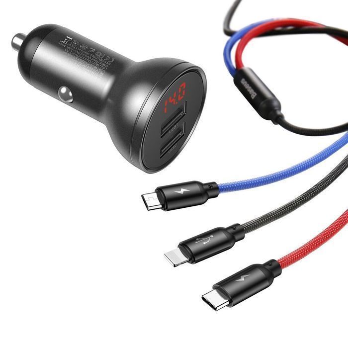 BASEUS ładowarka samochodowa 2 x USB A z wyświetlaczem + kabel 3w1 M