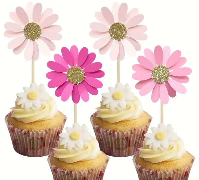 6 szt. Topper na tort urodzinowy lub muffinki- różowe kwiatuszki