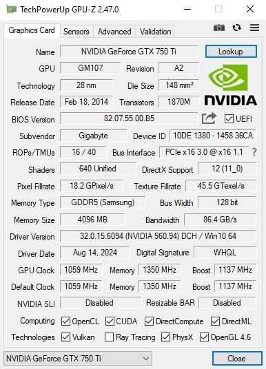 Відеокарта Gigabyte GTX 750 Ti 4gb 1059 МГц GDDR5 HDMI, DVI