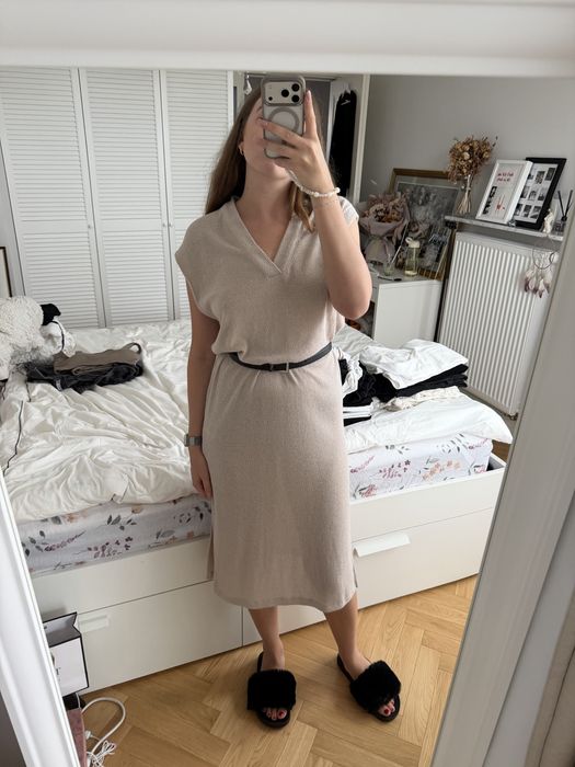 Sukienka midi H&M S jesienna beżowa kremowa do pracy długa