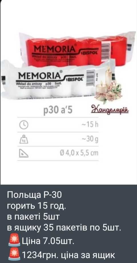 Свічка столова запаска вклади Memoria Bispol Україна Польща
