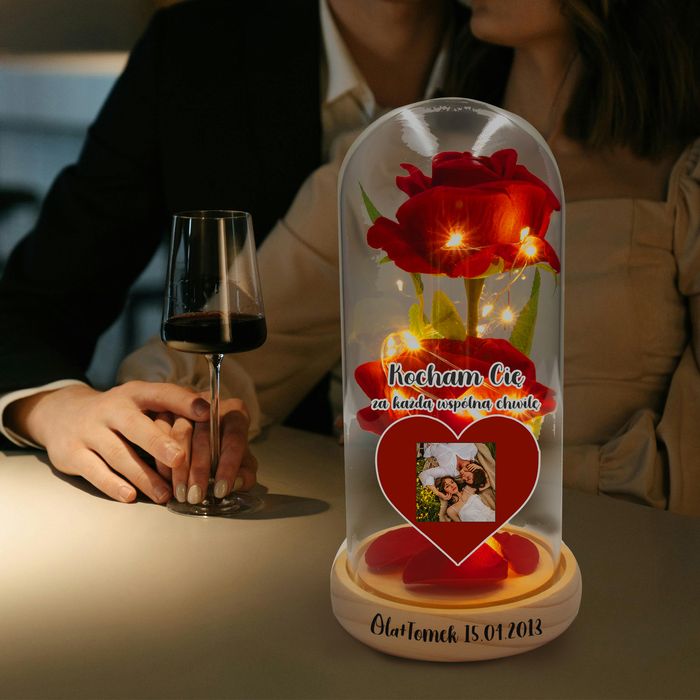 Wieczna róża drewniana twoje zdjęcie + imię na walentynki dla niej