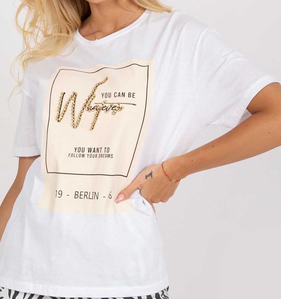 Modny bawełniany t-shirt z ozdobną aplikacją, S, M, nowa