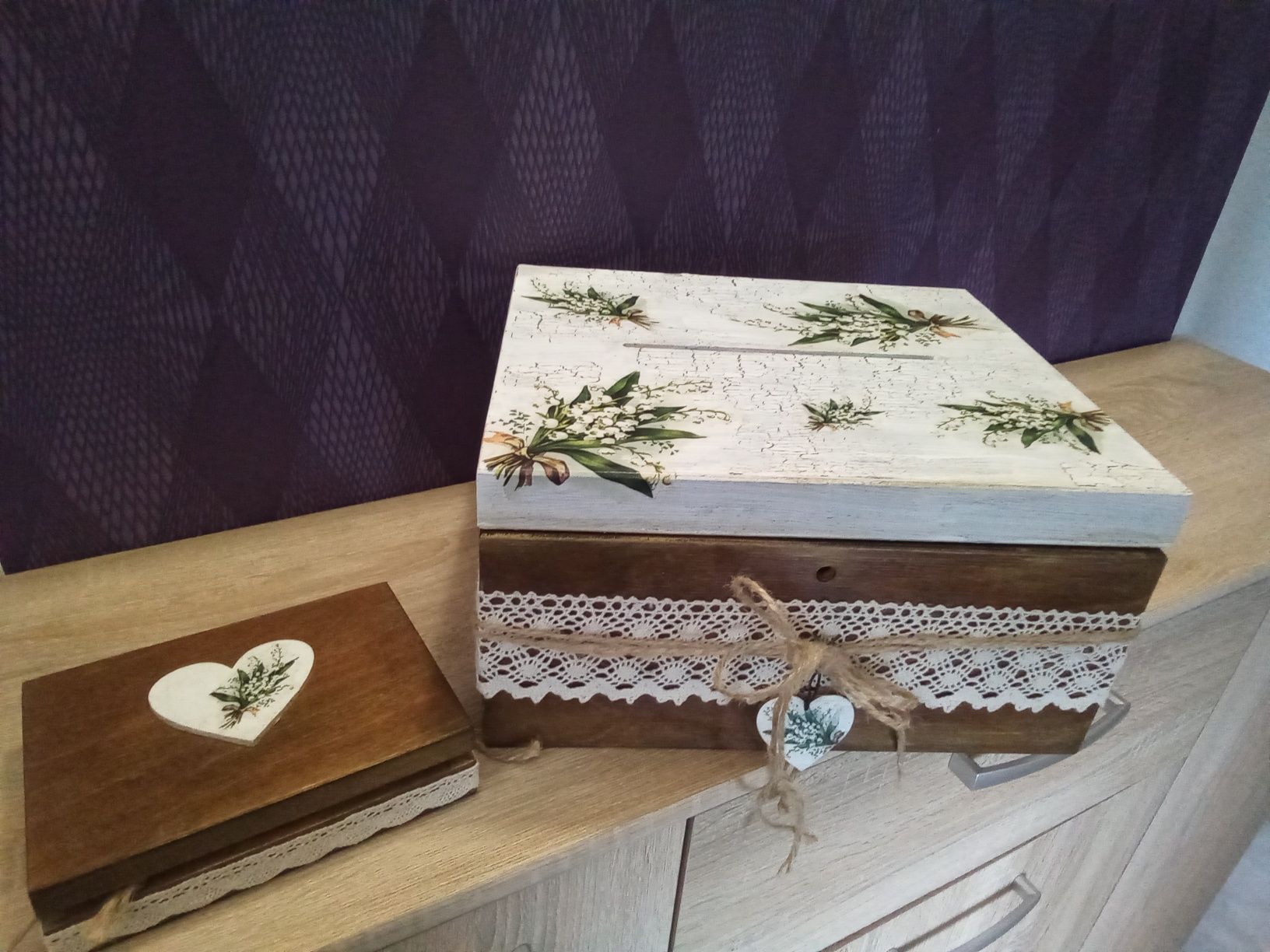Skrzynka na koperty i pudełko na obrączki konwalie boho decoupage