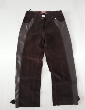 Spodnie damskie sztruksowe sztruksy brązowe wstawki skórzane S 36
