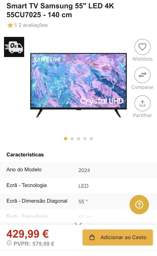 Samsung smart tv 55’ crystal 4k