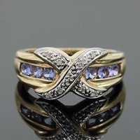 Złoty pierścionek z turmalinami i diamentami elegancki ciekawy wzór 9K