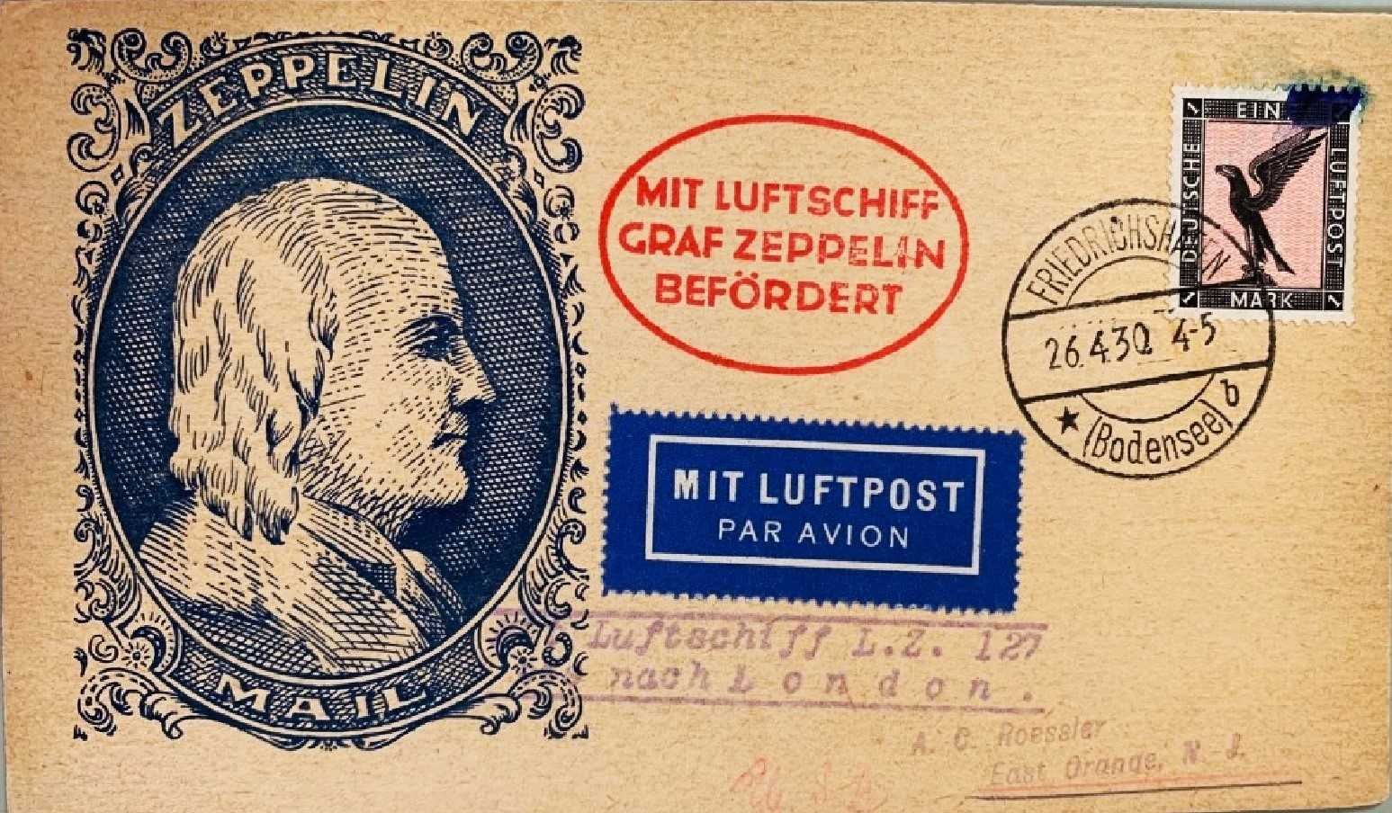 NIEMCY 1930-Zeppelin - lot do Anglii-kartka pocztowa -BARDZO RZADKA!