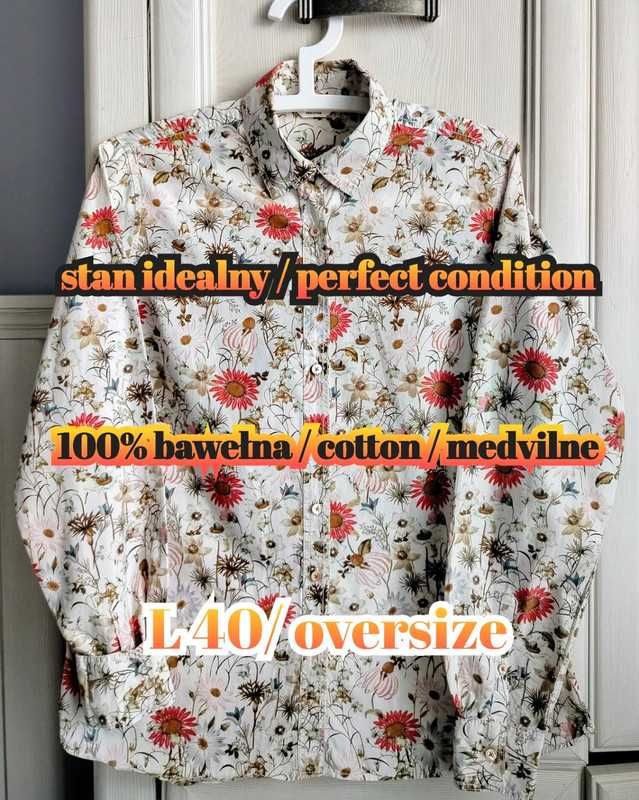 L 40 oversize 100% bawełna wysoka jakość koszula vintage łąka zioła