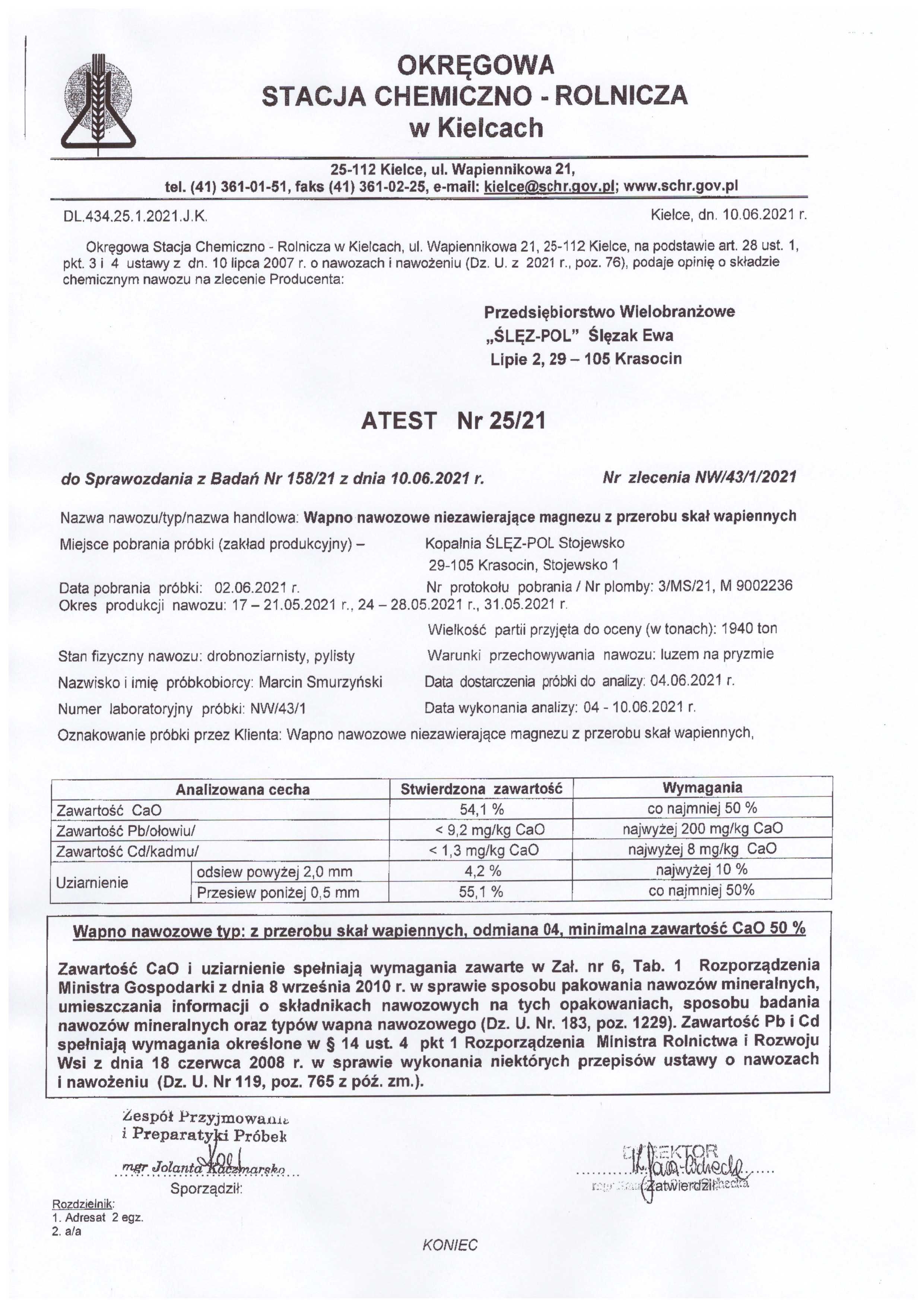 Pajęczno - Wapno nawozowe CaO 53,9 % - Producent