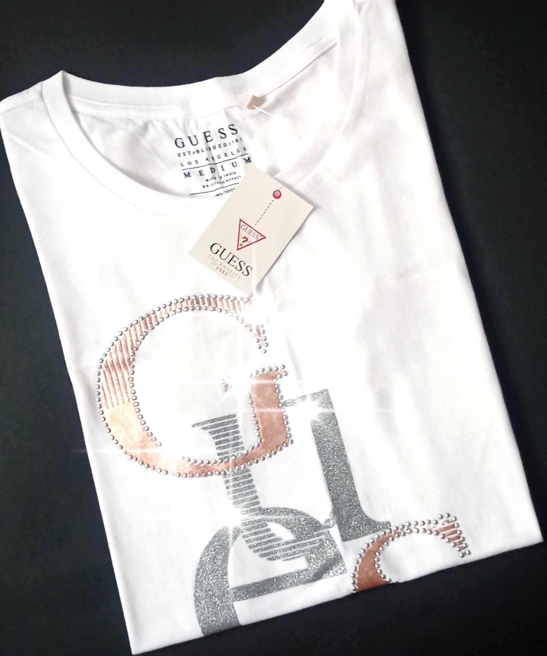 GUESS Oryginalna! Koszulka Bluzka T-Shirt Bialy Rose Zloty Srebrny