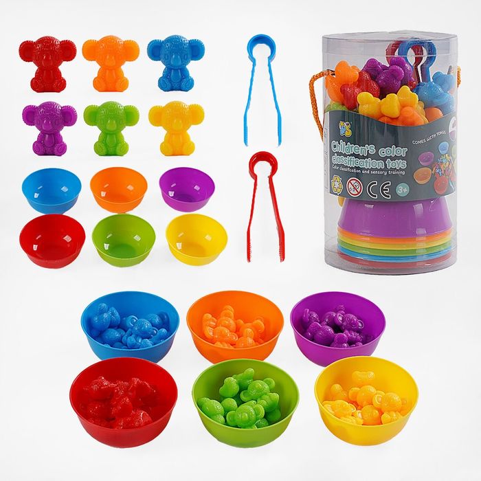 Гра логічна сортер по кольорам 92 деталі,гумові фігурки,щипці,завдання