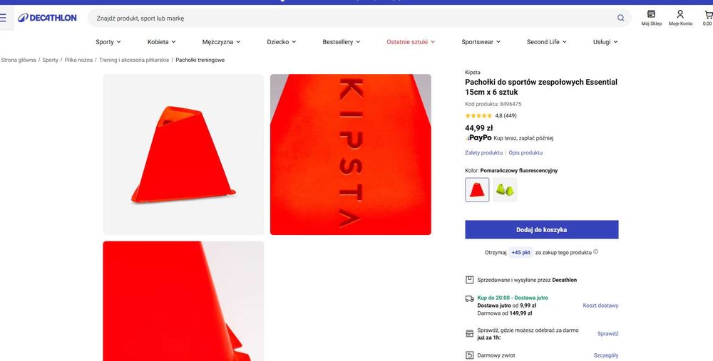 Pachołki do sportów zespołowych Essential 15cm x 12 sztuk