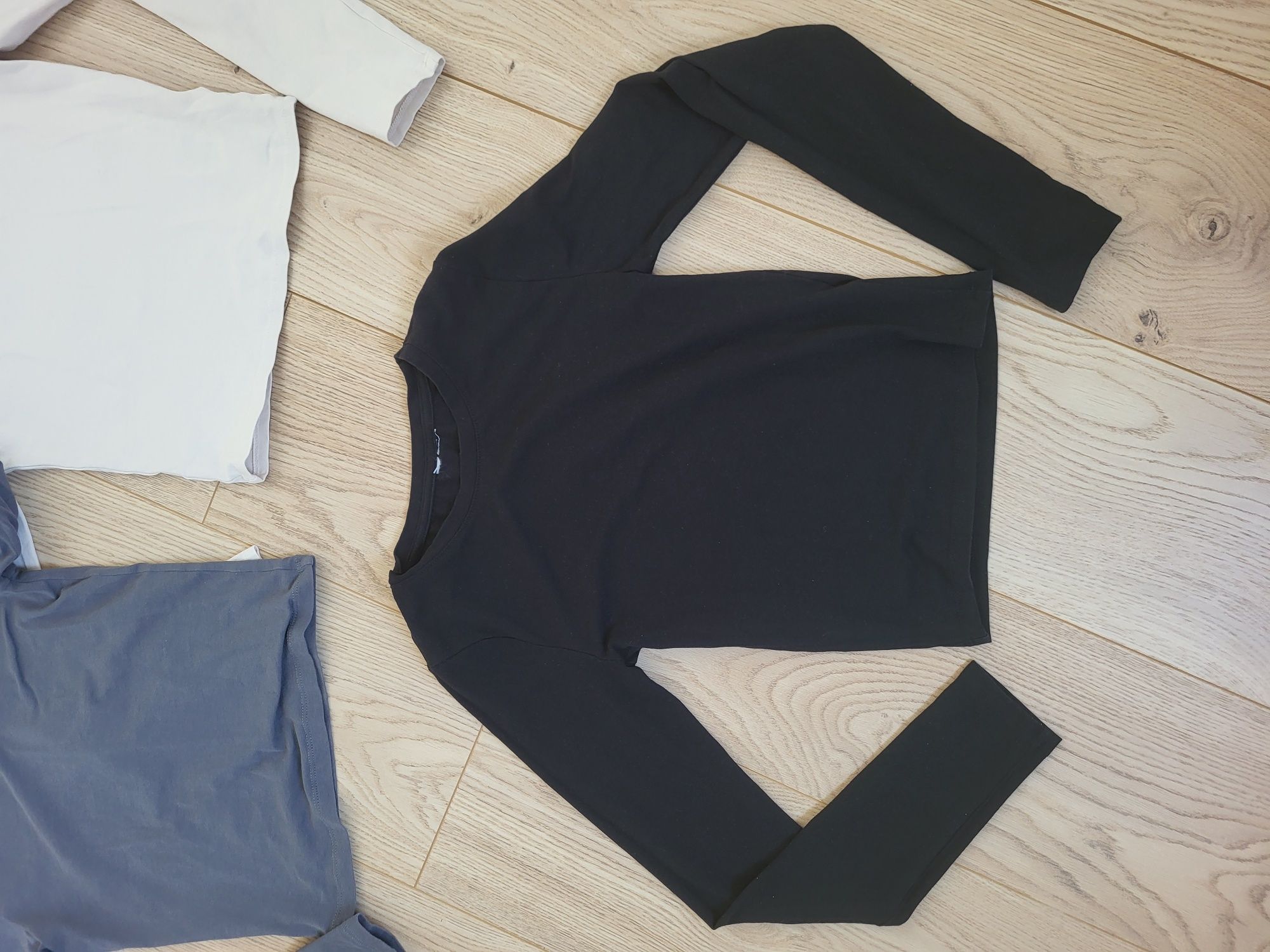 Zestwa bawelniany trzech crop topów na długi rękaw basic czarny szary