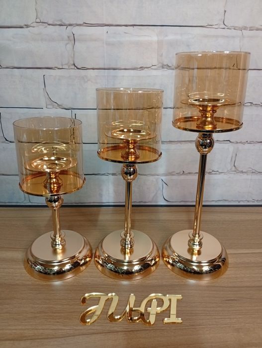 Zestaw eleganckich 3 sztuki złotych szklanych świeczników