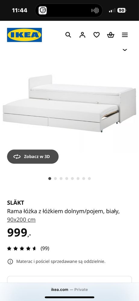 SLÄKT Rama łóżka z łóżkiem dolnym/pojem, biały, 90x200 cm