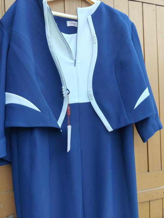 Wizytowy komplet damski Perła Gregor granatowy sukienka i żakiet