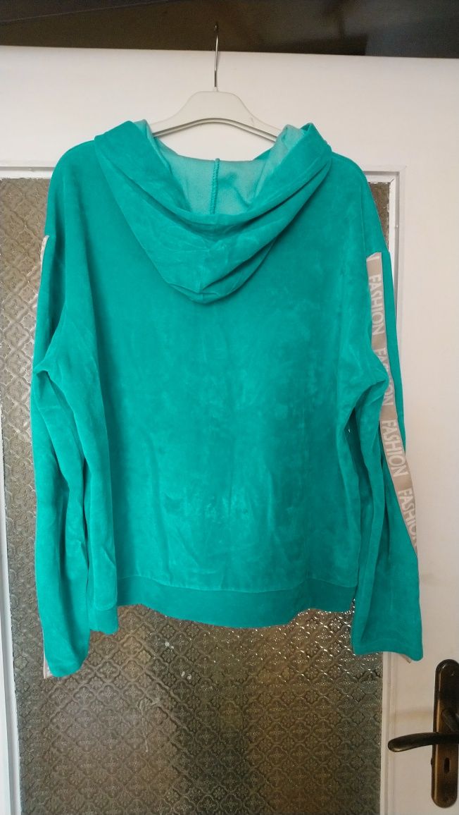 Zielona/morska bluza dziewczęca z kapturem welur rozmiar 164