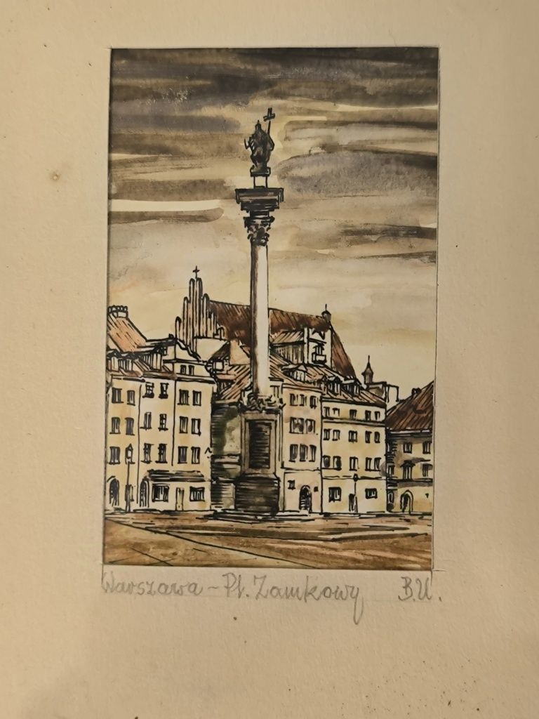 Obrazek miniatura Kolumna Zygmunta Warszawa PRL sygnowany Akwarela