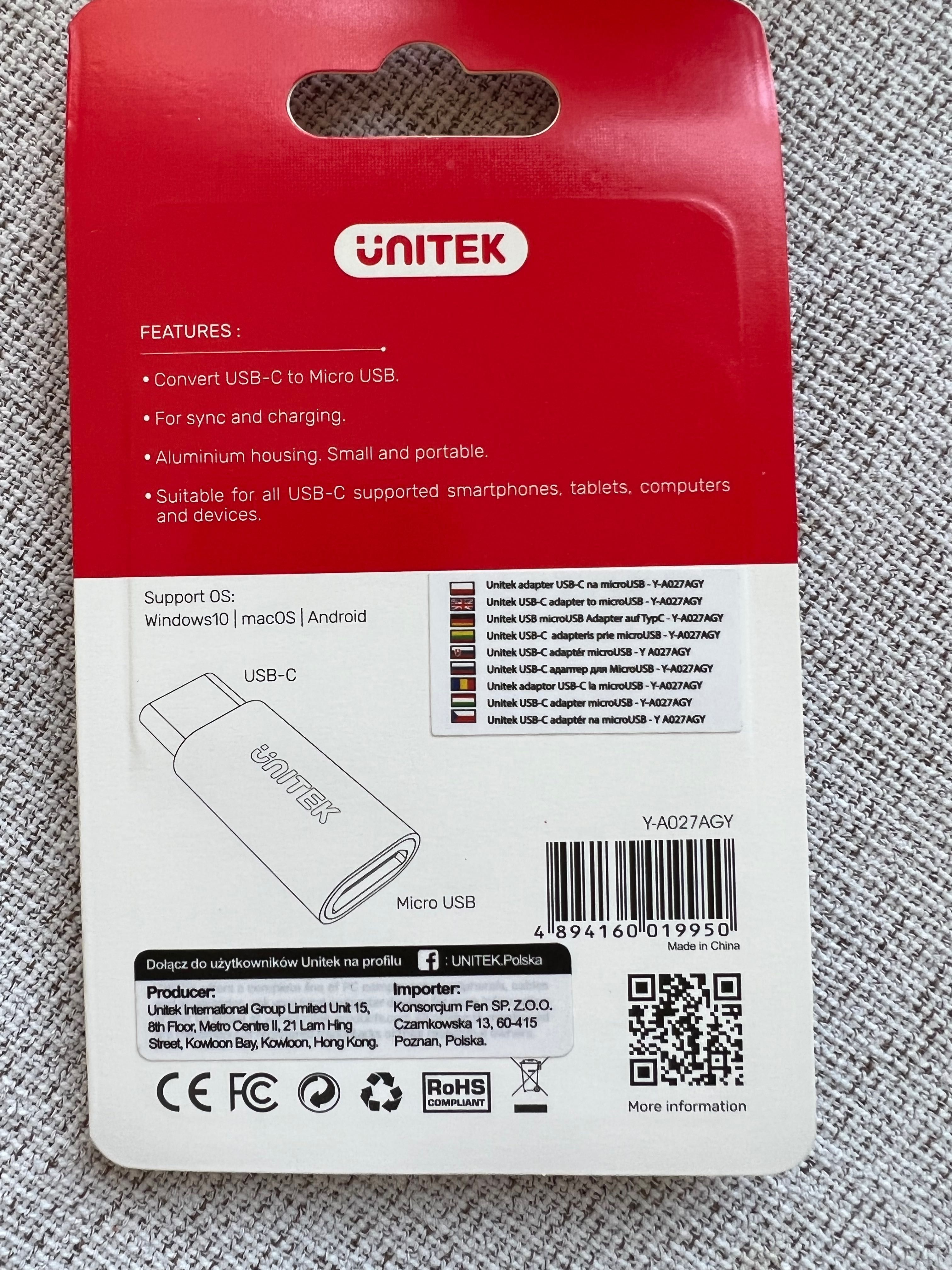Nowa Przejściówka Unitek Adapter micro USB - USB-C