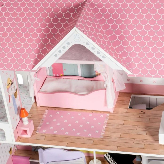 Domek dla Lalek XXL Drewniany z Tarasem i Światłem LED