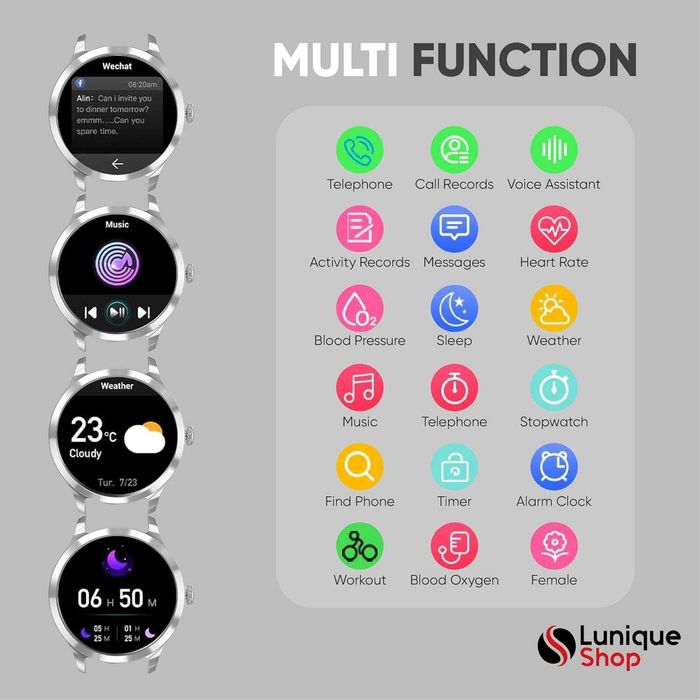 Smartwatch damski z funkcją telefonu asystent głosowy, mały, okrągł