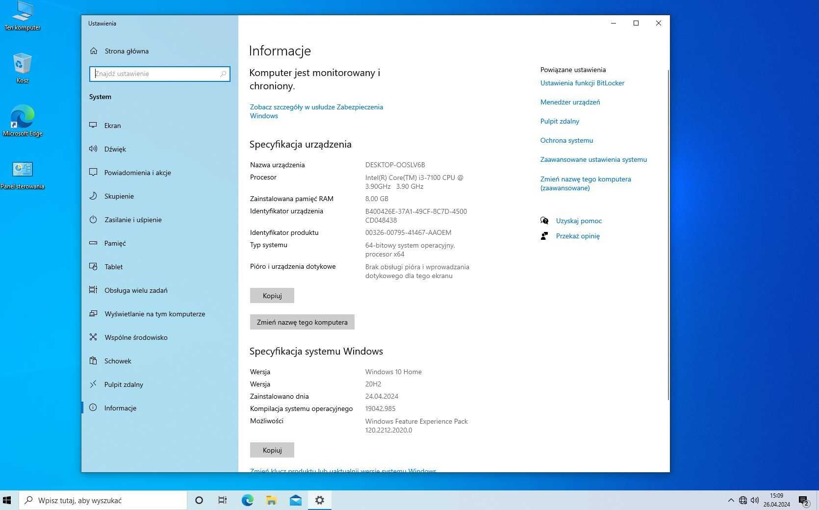 Komputer stacjonarny I3-7100 4 gb dysk 240 ssd