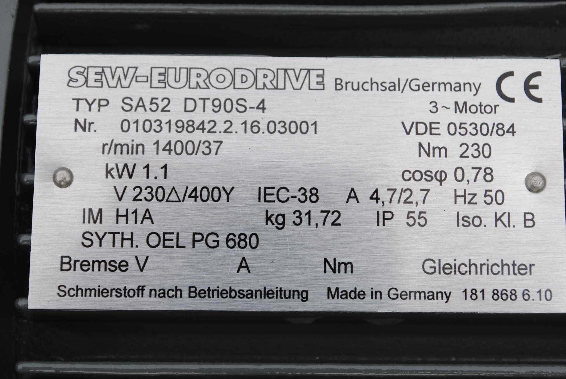 Motoreduktor kątowy 1.1kw. 37obr./min. firmy SEW-Eurodrive