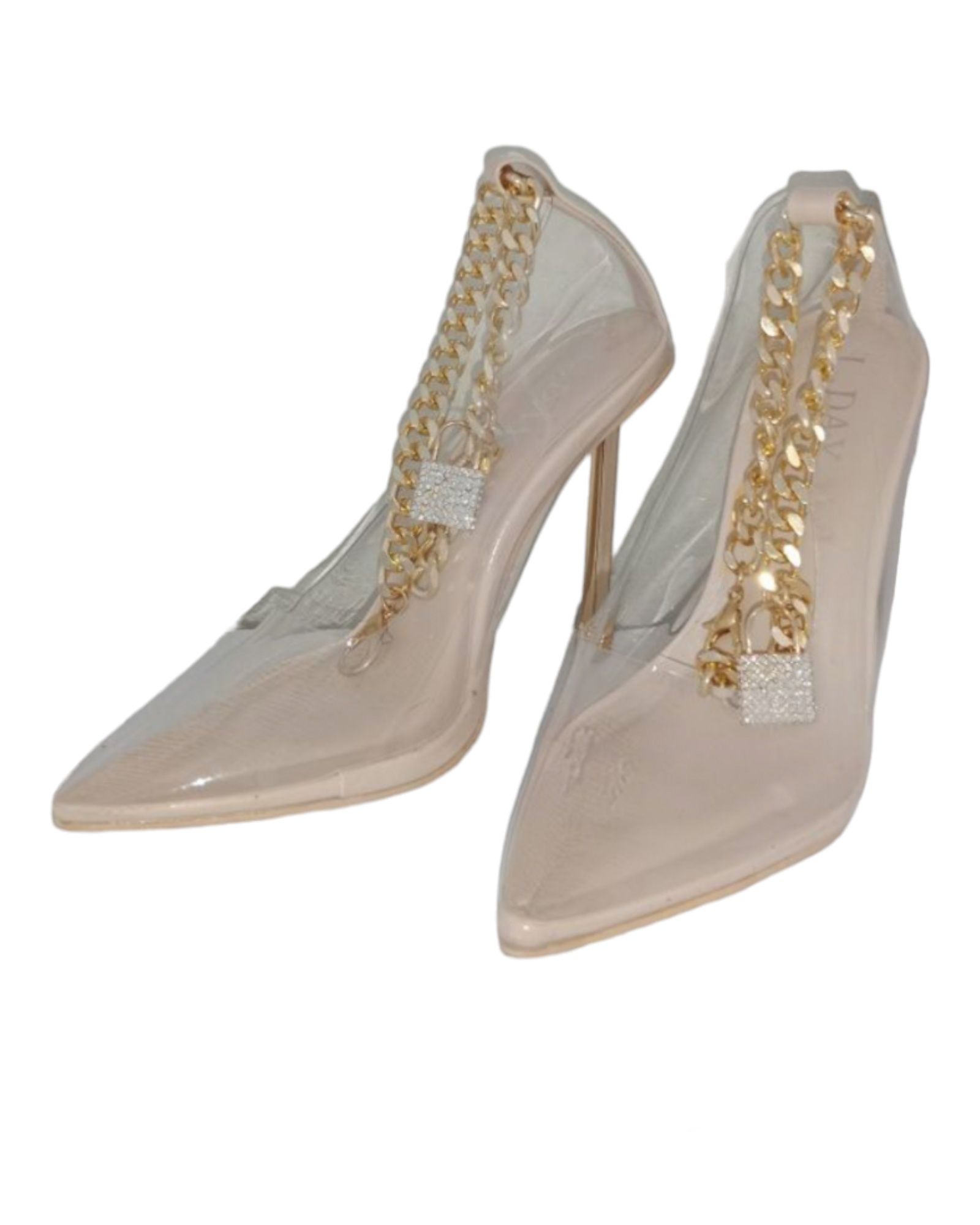 Transparentne buty ze złotym łańcuszkiem