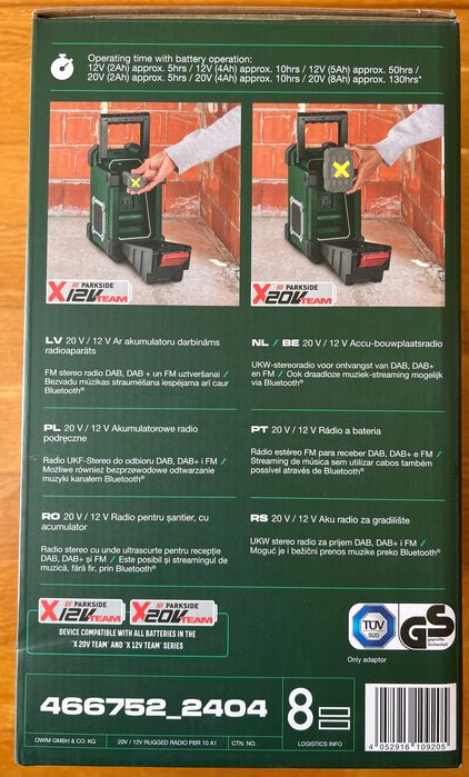 Akumulatorowe Radio budowlane warsztatowe Parkside PBRA 10 FM DAB+