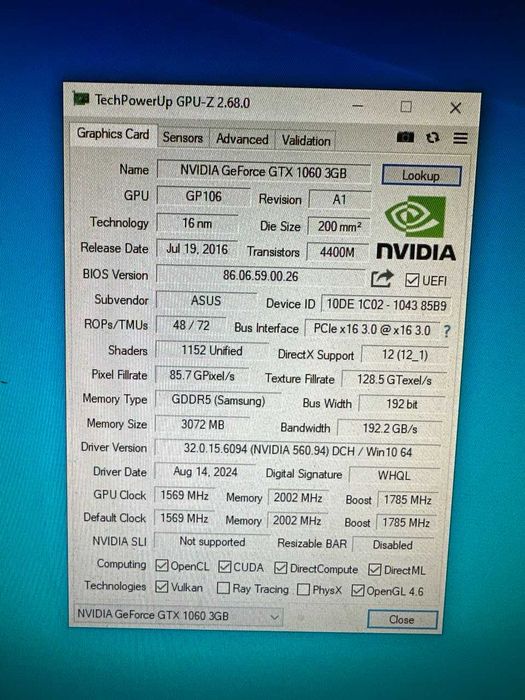 Відеокарта Asus GeForce GTX 1060 Dual 3GB GDDR5 DUAL-GTX1060-O3G