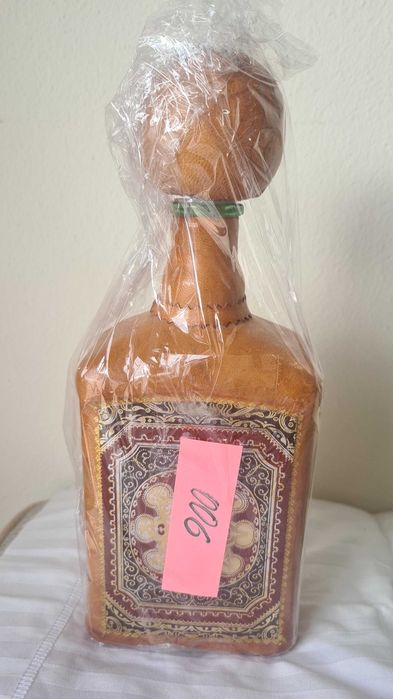 Vintage Leather Wrapped Decanter Green Glass Liquor Bottle