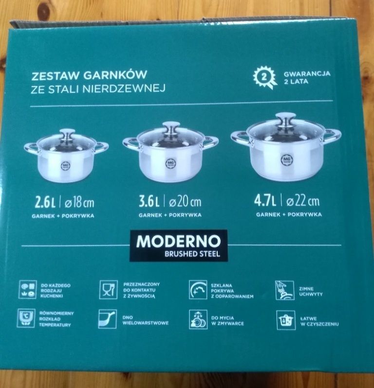 NOWE garnki moderno Magda Gessler zestaw garnków ze stali nierdzewnej