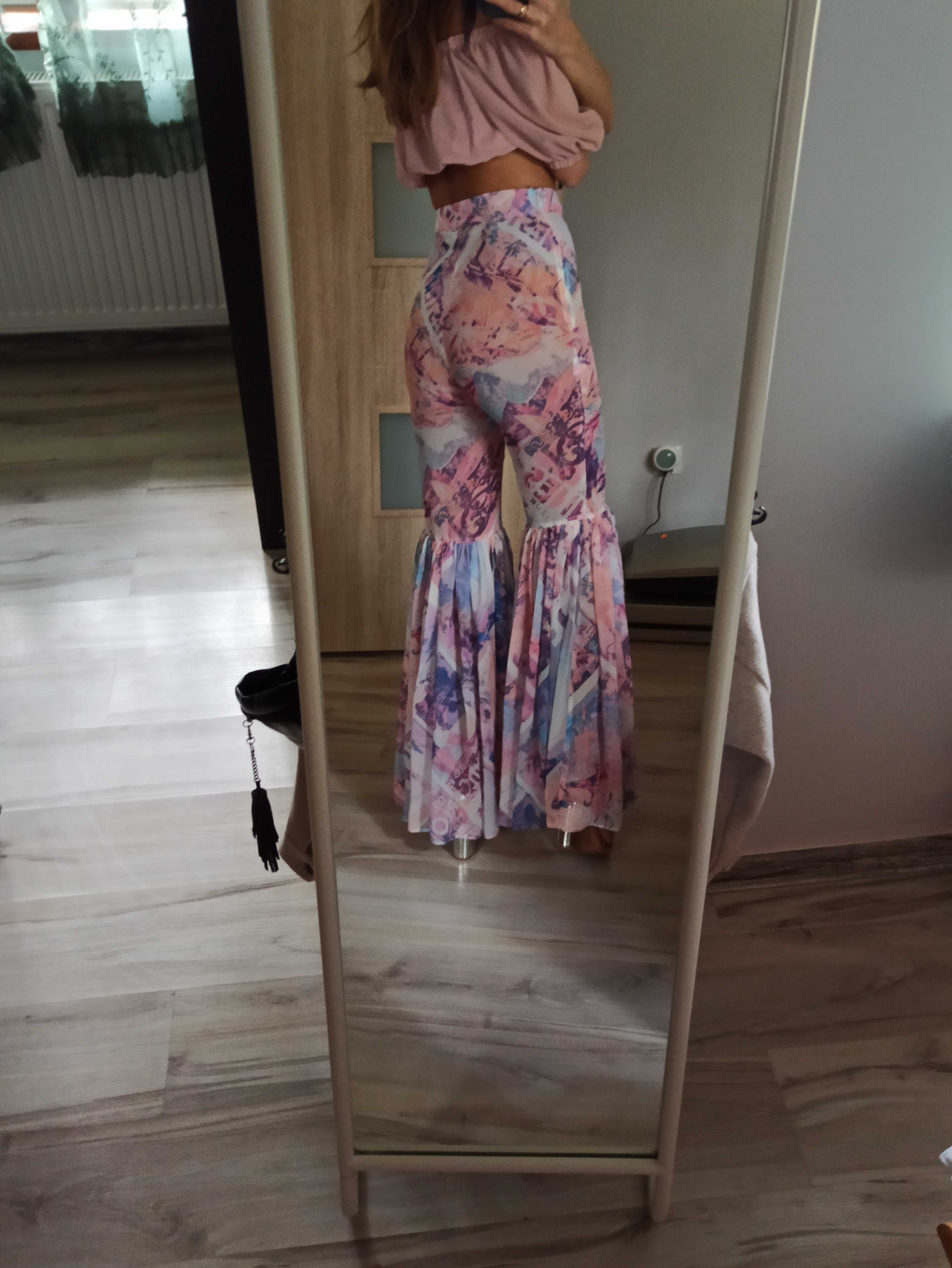 Spodnie dzwony damskie wyższy stan transparentne festiwalowe siatka xs