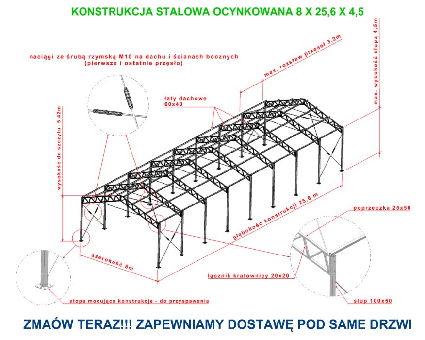 Garaż 8x26x4 hala magazyn wiata modułowa mocna Konstrukcja ocynkowana