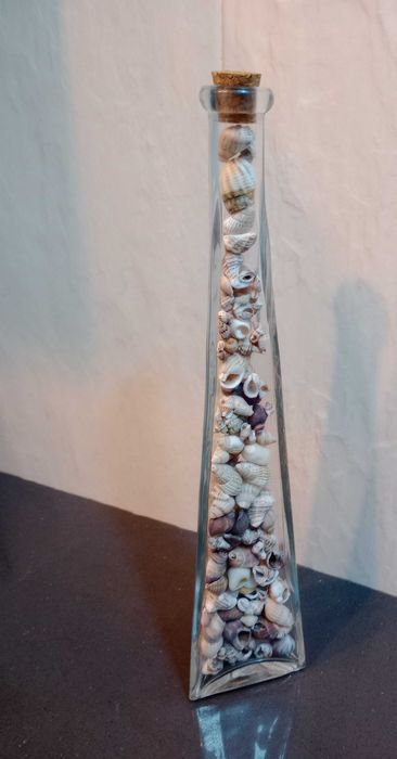 Frasco alto Vidro, triangular, c/ vários tipos búzios reais Alt. 32 cm