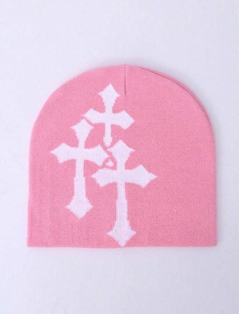 Nowa różowa uniseks czapka zimowa beanie z motywem 3 krzyży cross y2k