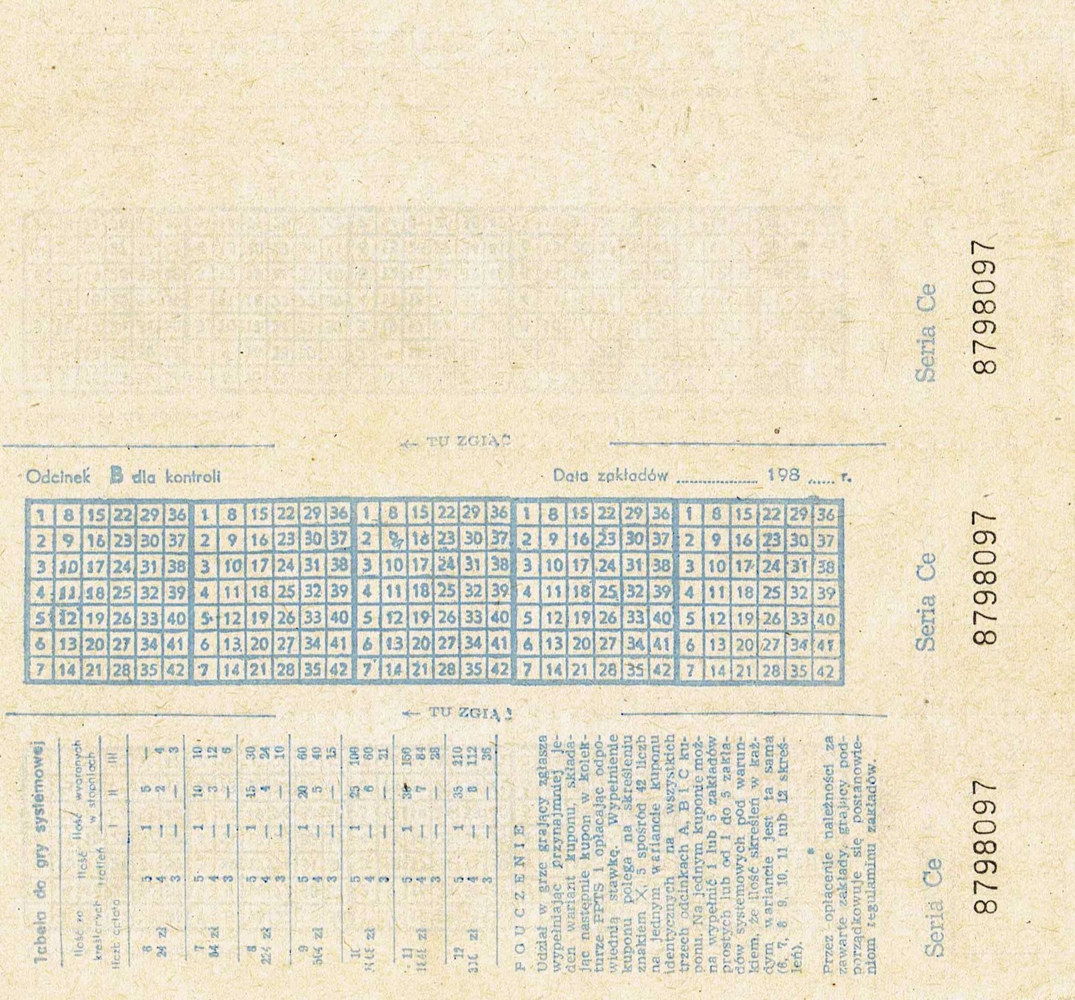 Kupon Express Lotek niewypełniony lotto z lat 80-tych